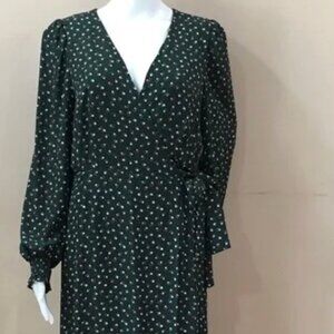 Max Studios Printed Green Surplice Wrap Midi Dress long sleeve Size L
